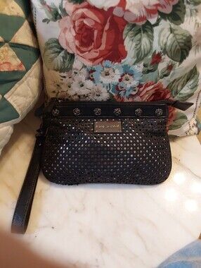 NWOT Betsey Johnson Leather Wristlet, Black Roses Trim, Detachable Strap
